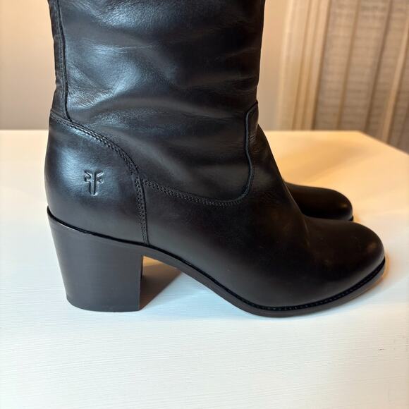 Frye Malorie Button Tall Knee High Black Leather Boots Size 10 Zip Riding Heel - Picture 8 of 14